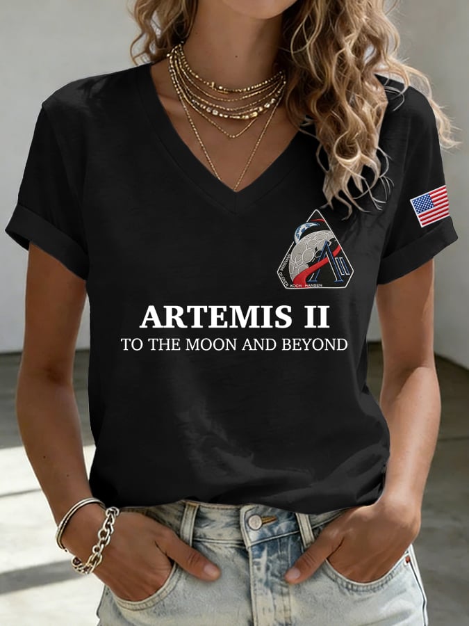 Women's Humanity Returns To The Moon Print V Neck T-shirt