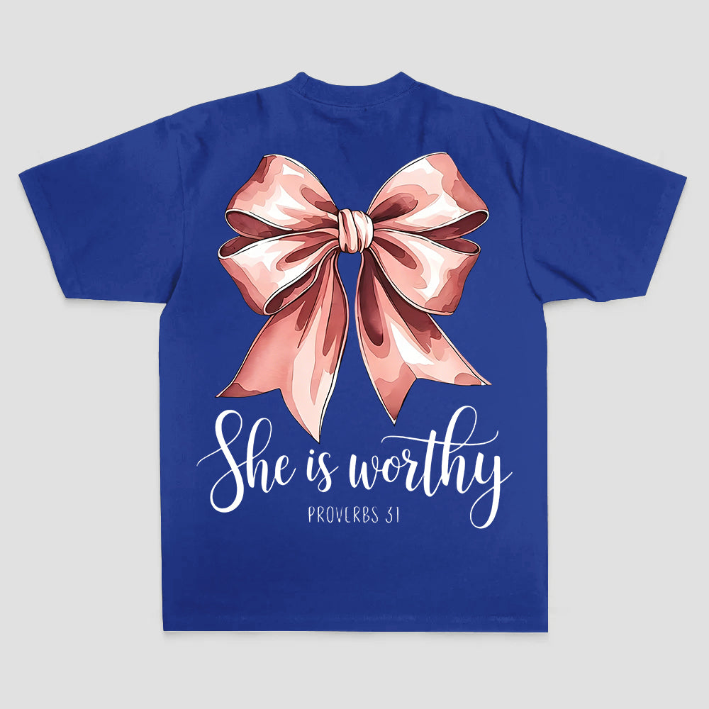 She Is Worthy Proverbs 31 Pink Bow Print Printed Women's T-shirt