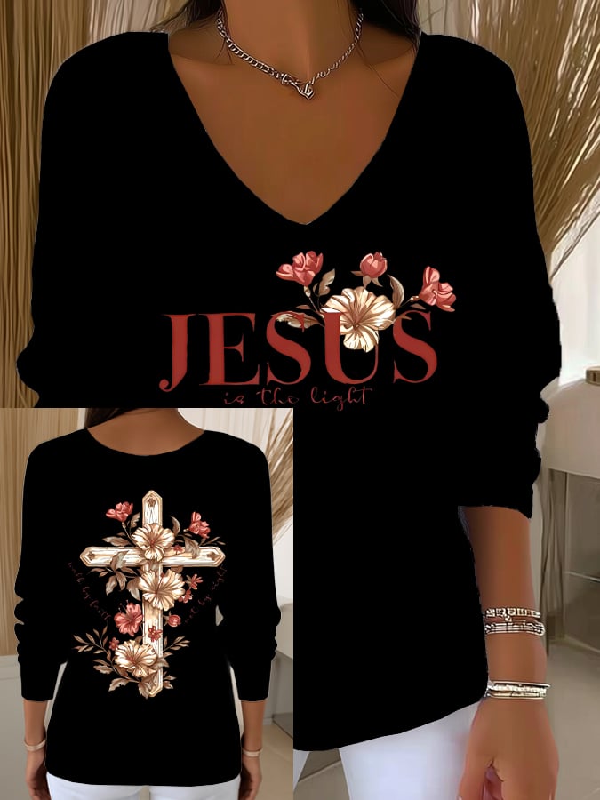 Women'S Jesus Is The Light Print Drop Shoulder Sweater