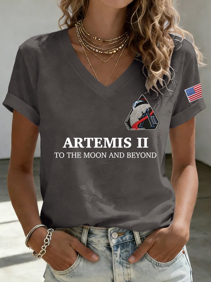 Women's Humanity Returns To The Moon Print V Neck T-shirt
