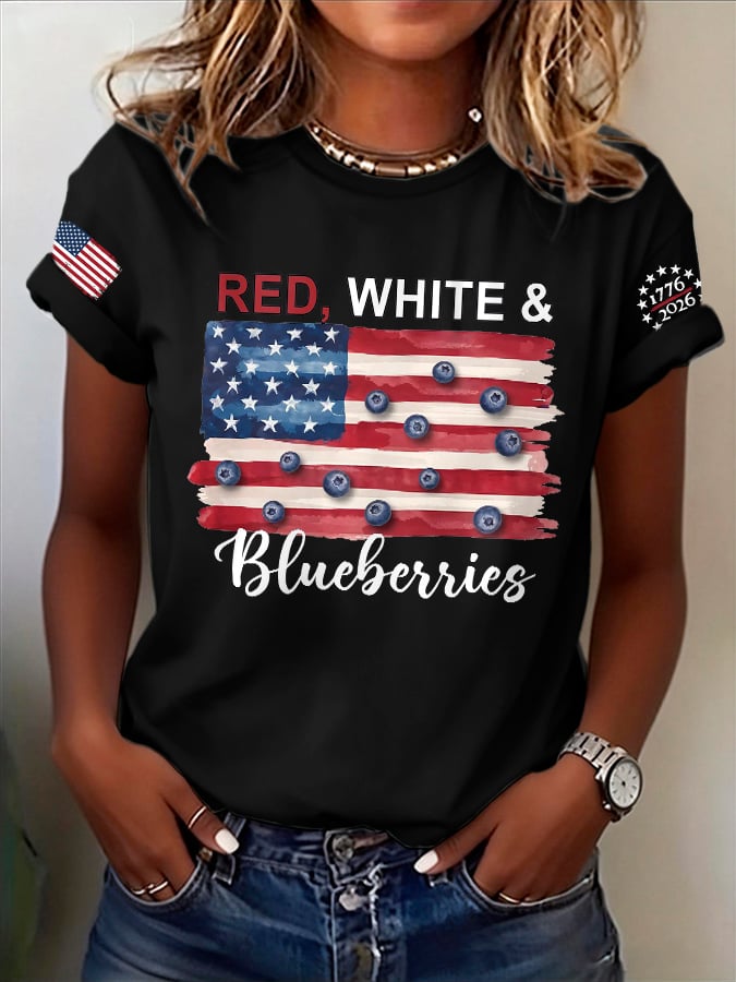 Retro Red White And Blueberries United States Of America β’ 1776β2026 Print T-Shirt