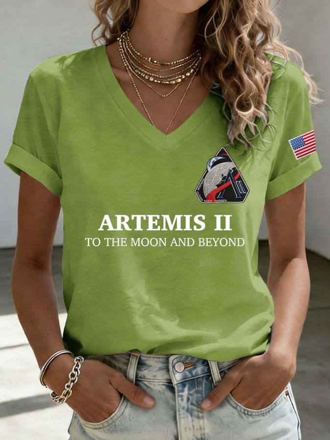 Women's Humanity Returns To The Moon Print V Neck T-shirt