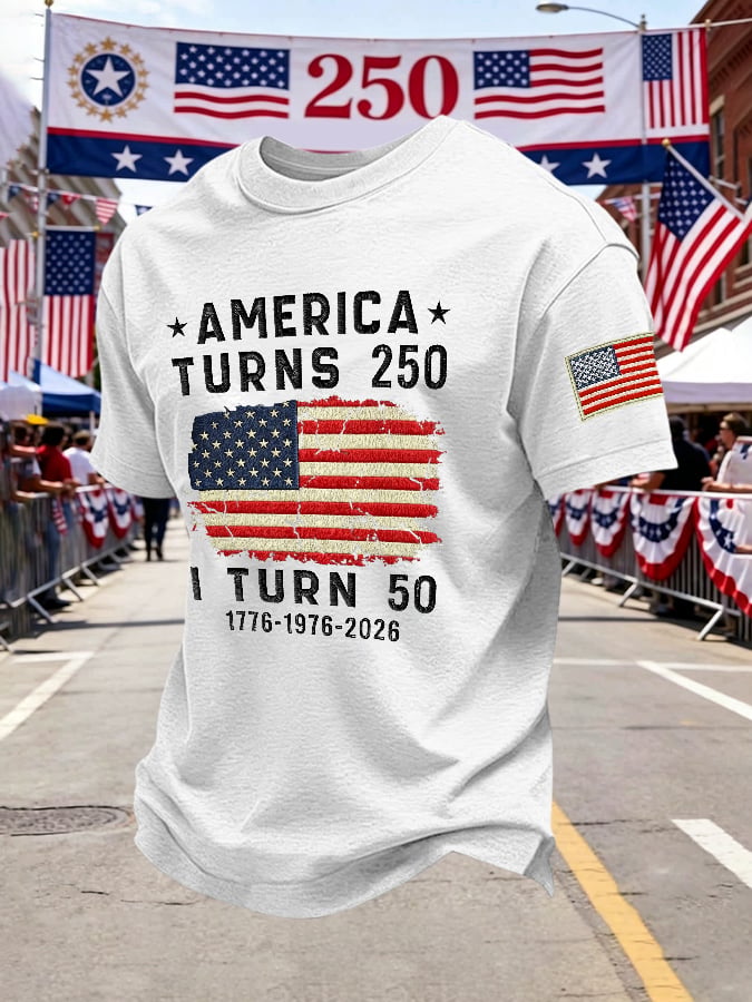Men's Retro 250th Anniversary 1776-2026 America Turns 250 I Turn 50 1776 • 1976 • 2026 Print T-Shirt