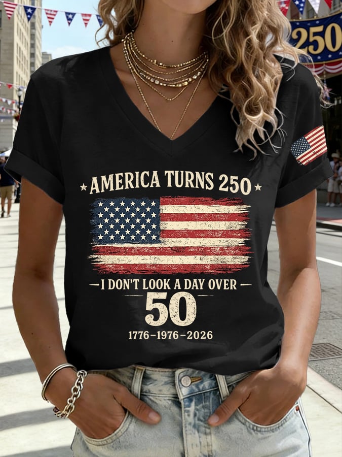 V-Neck Retro America Turns 250 I Don't Look A Day Over 50 1776-1976-2026 Print T-Shirt