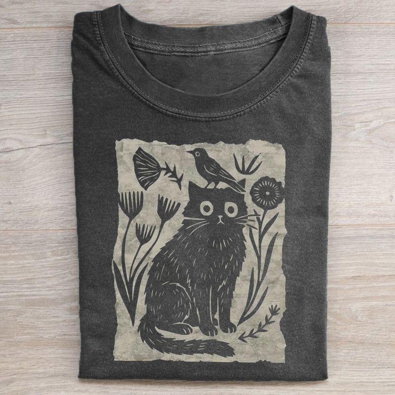 Folk Art Floral Cat and Bird T-shirt