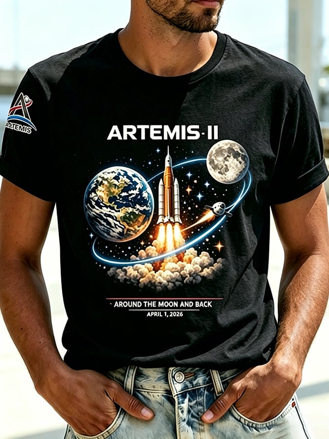 Retro Artemis II 2026 Rocket Launch Print T-Shirt