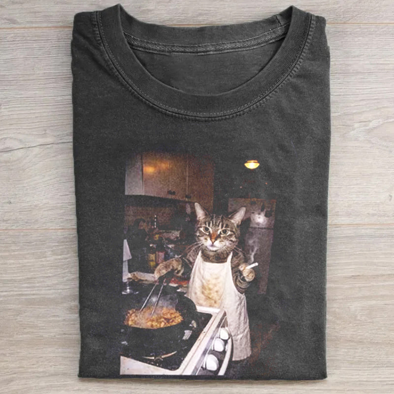 Retro Cooking Cat Meme Graphic T-shirt