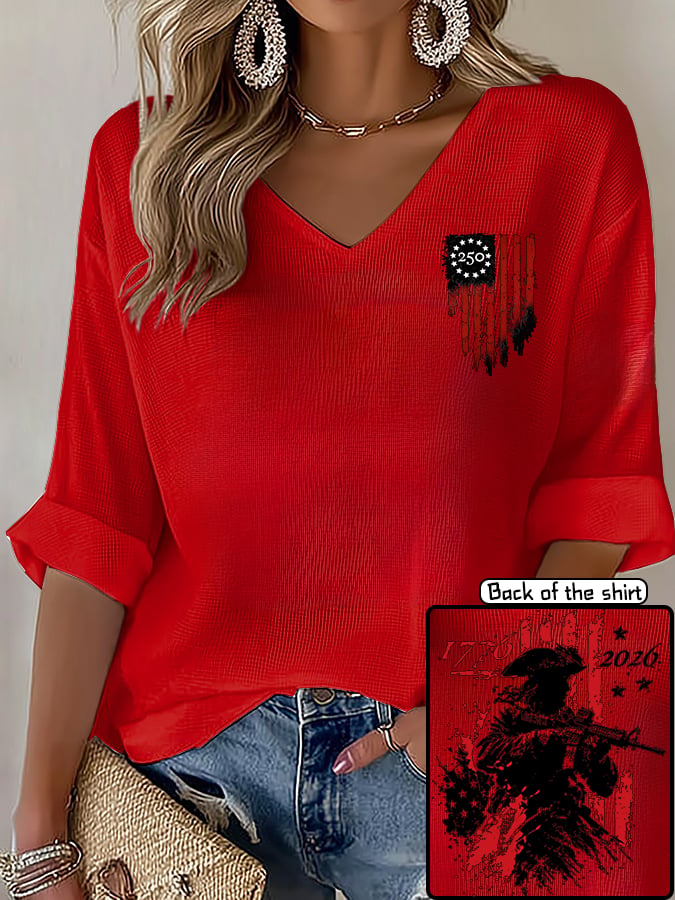 V-Neck 250th Anniversary Distressed American Flag 2-sided Print T-Shirt