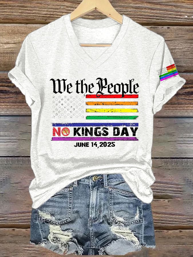 🔥Buy 3 Get 15% Off🔥V-Neck Retro We The People No Kings Day June 14, 2025 Print T-Shirt