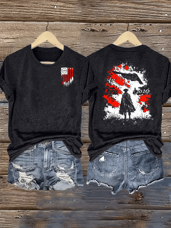 Women's Round-Neck 250 US Flag Print T-Shirt