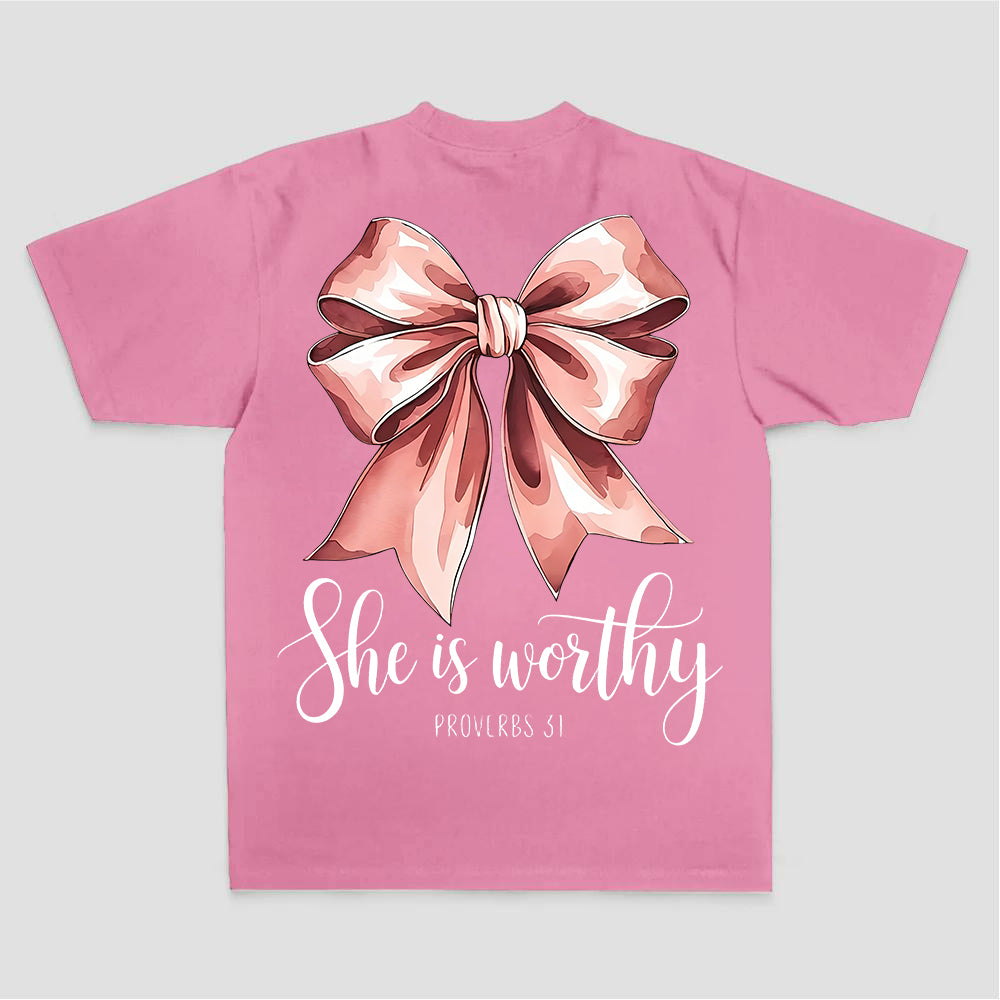 She Is Worthy Proverbs 31 Pink Bow Print Printed Women's T-shirt