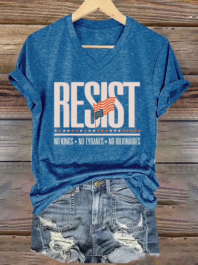 🔥Buy 3 Get 15% Off🔥V-Neck Retro Resist No Kings No Tyrants No Billionaires Print T-Shirt