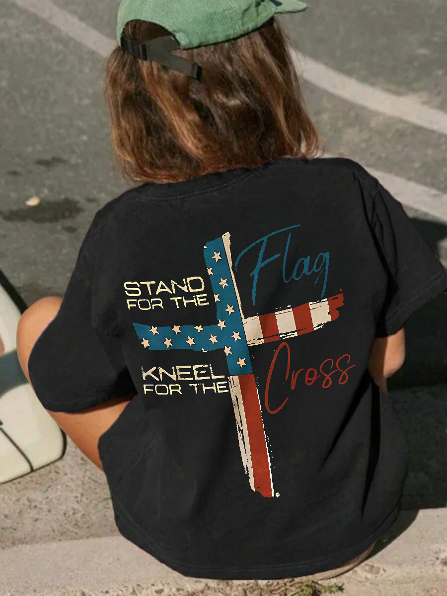 Stand For The Flag Kneel For The Cross Printed Women's T-shirt