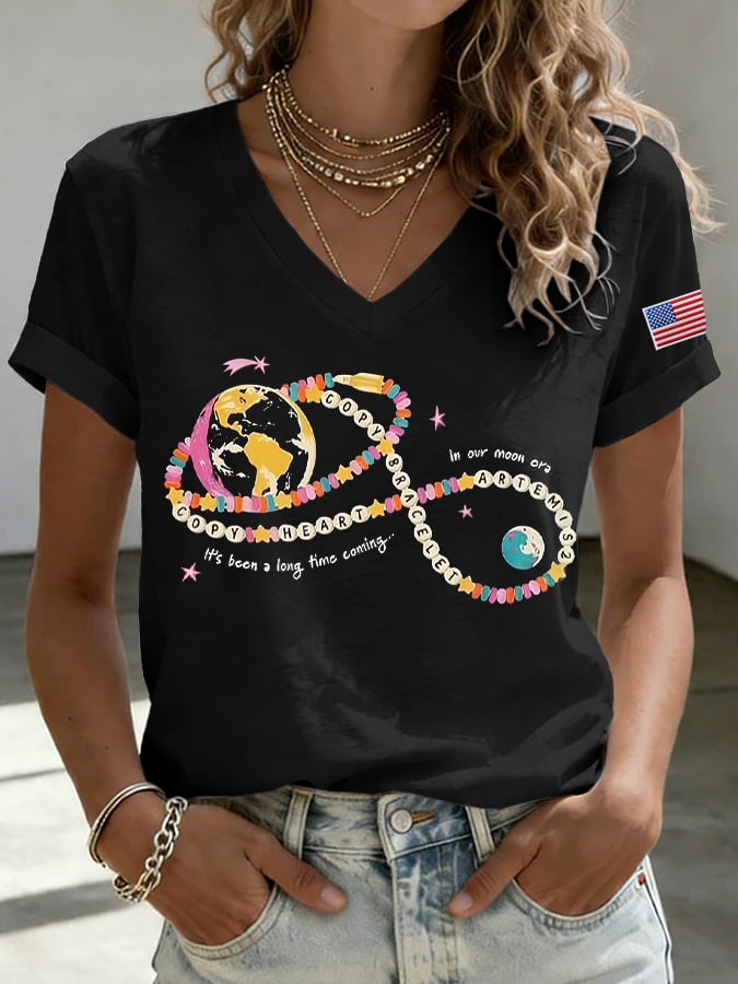 Women's Copy Moon Joy Print V Neck T-shirt