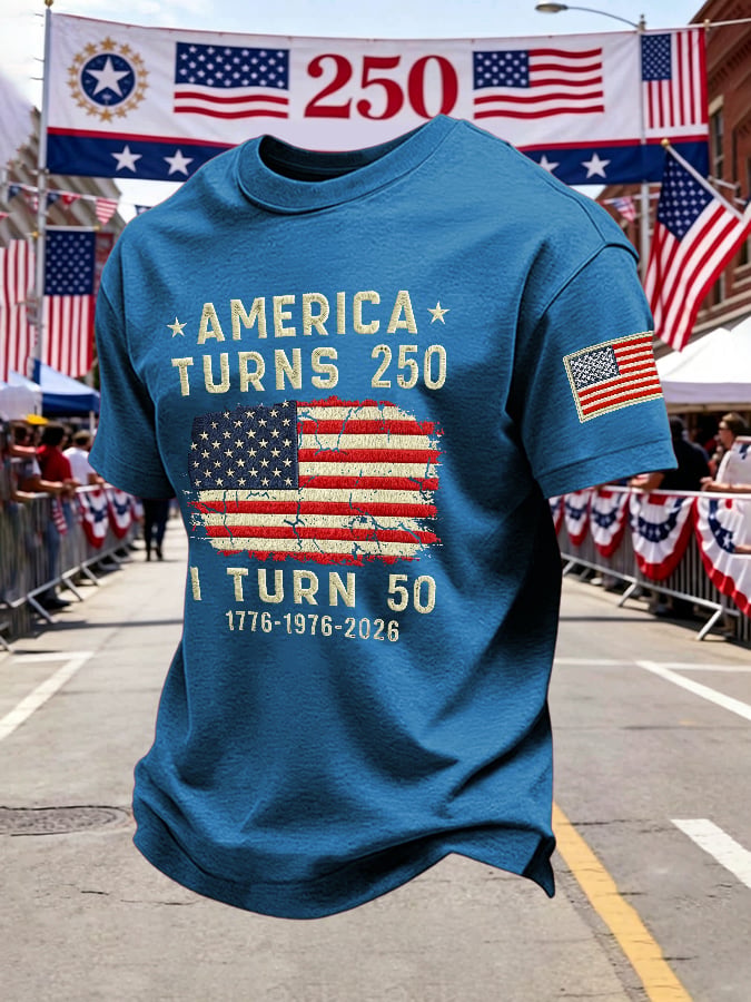 Men's Retro 250th Anniversary 1776-2026 America Turns 250 I Turn 50 1776 β’ 1976 β’ 2026 Print T-Shirt