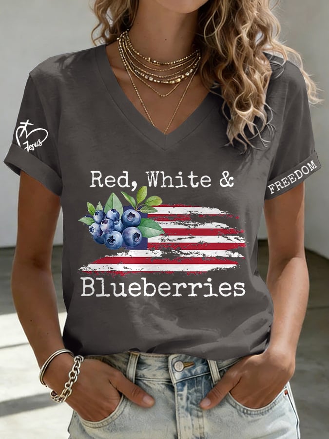 V-Neck Retro Independence Day Red, White & Blueberries Freedom Jesus Print T-Shirt