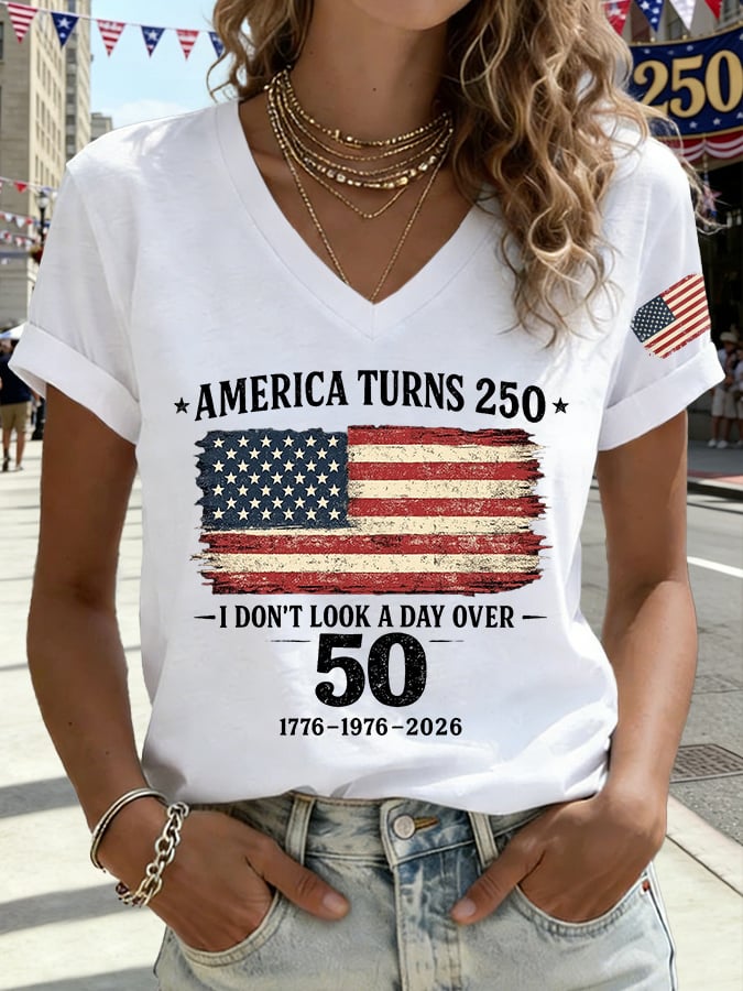 V-Neck Retro America Turns 250 I Don't Look A Day Over 50 1776-1976-2026 Print T-Shirt