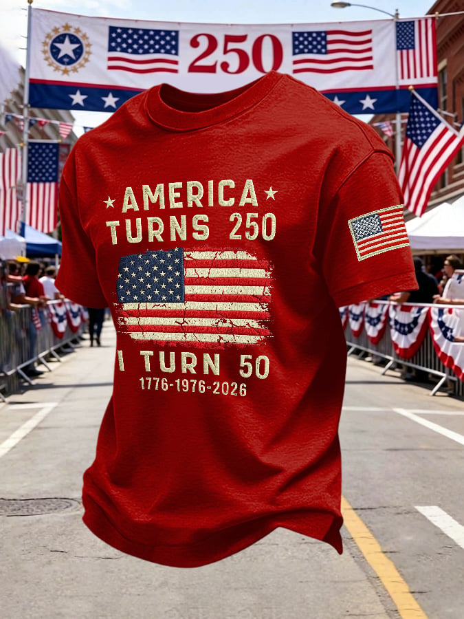Men's Retro 250th Anniversary 1776-2026 America Turns 250 I Turn 50 1776 • 1976 • 2026 Print T-Shirt