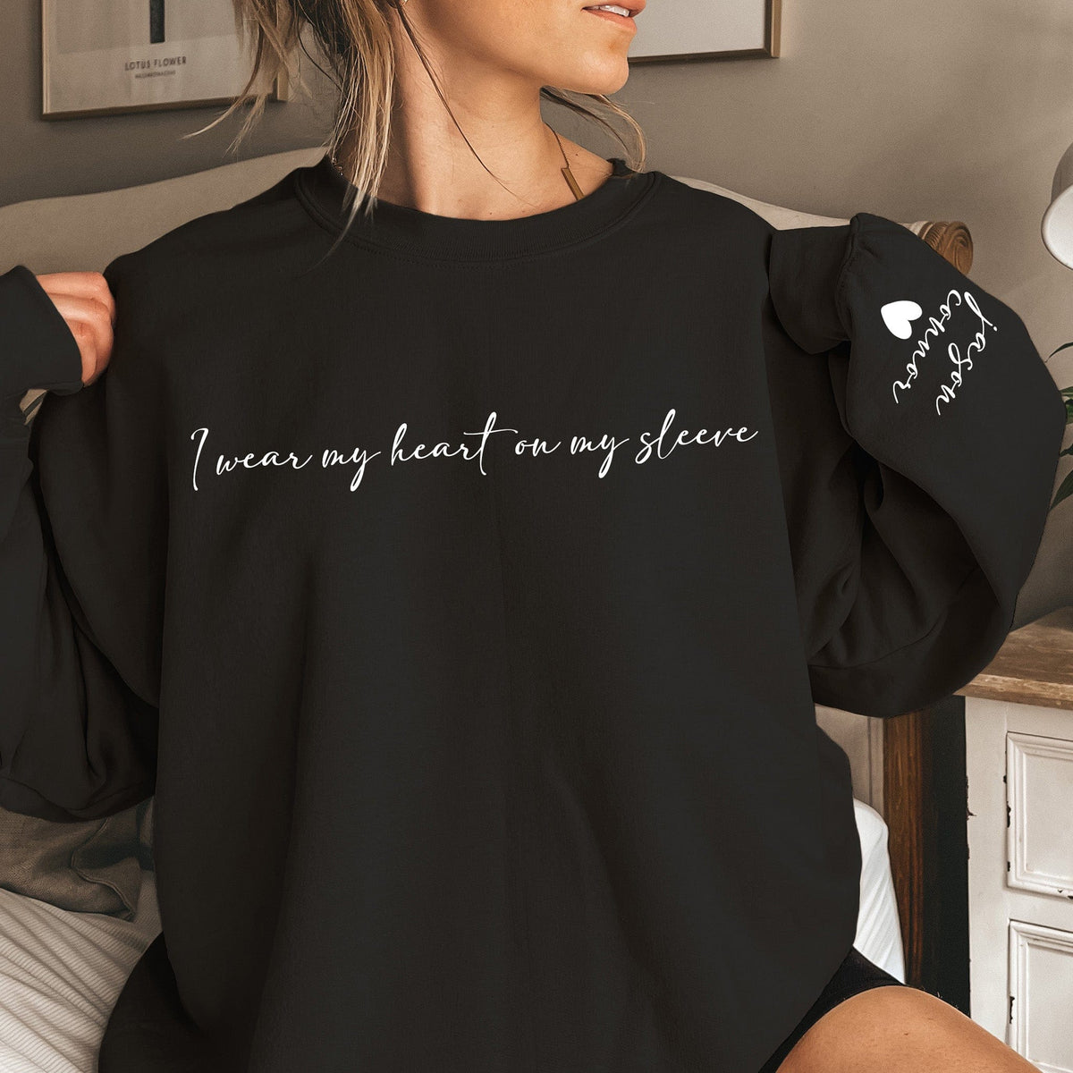 I Wear My Heart On My Sleeve Crewneck or Hoodie, Custom Mama Sweatshirt with Children Name on Sleeve, Mothers Day, Gift for Mom, New Mommy