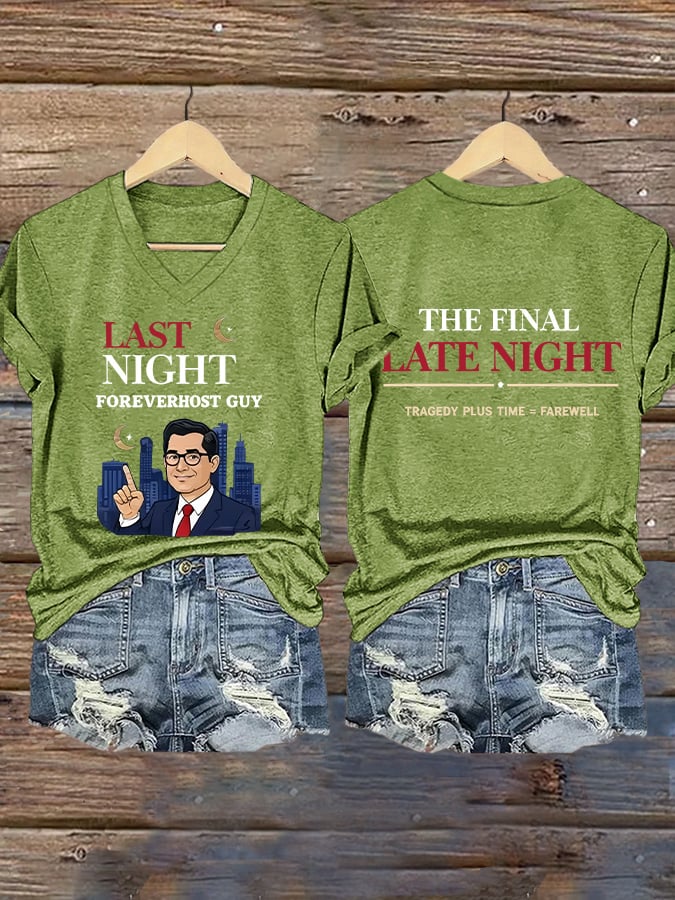 V-Neck Retro Last Night Foreverhost Guy The Final Late Night Tragedy Plus Time = Farewell Print T-Shirt