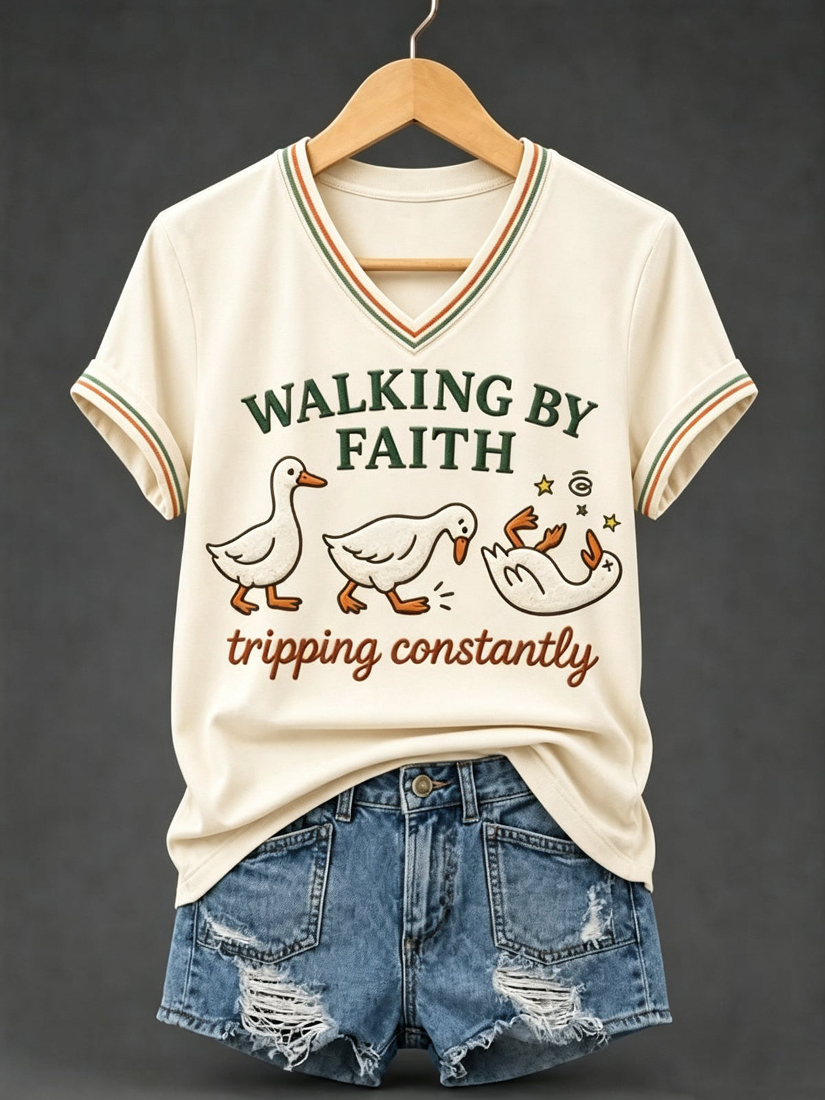 Classic Walking By Faith Tripping Constantly Goose Print Christian Inspirational Short-Sleeved Shirt