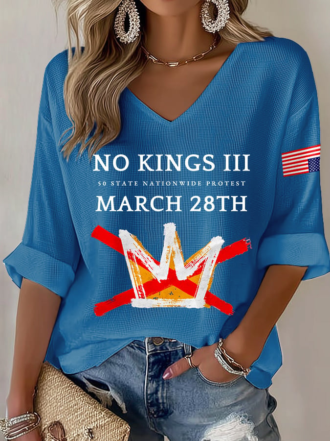 🔥Buy 3 Get 15% Off V-Neck Retro No Kings III 50 State Nationwide Protest March 28th Print T-Shirt