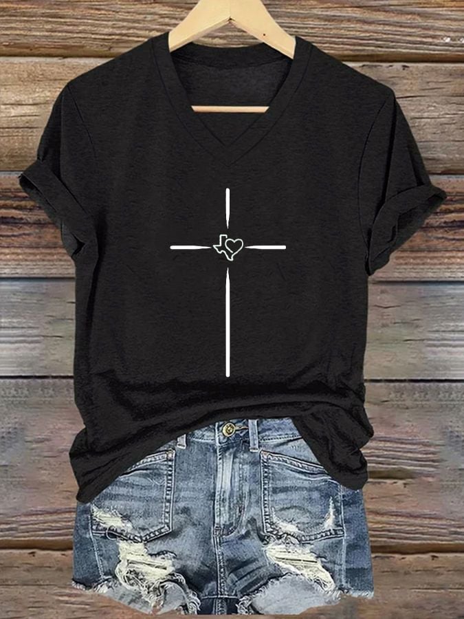 Women's Texas Faith Cross Printed Casual T-Shirt