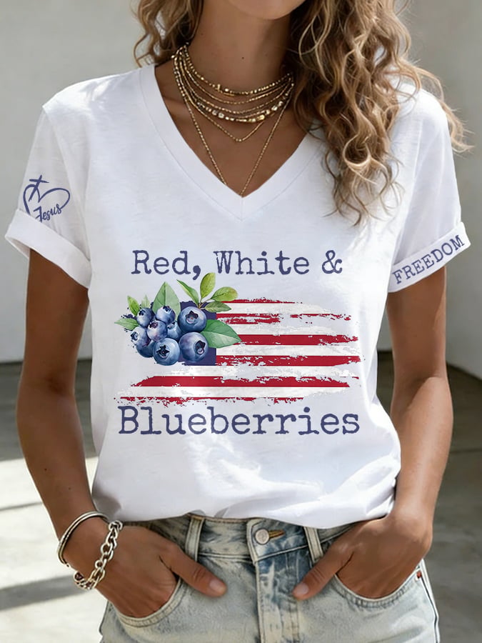 V-Neck Retro Independence Day Red, White & Blueberries Freedom Jesus Print T-Shirt