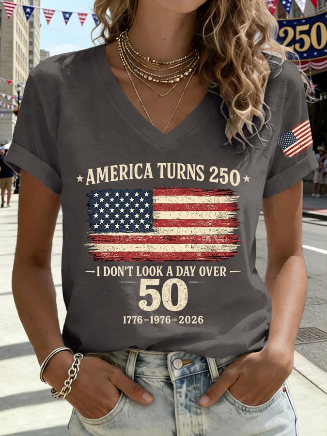 V-Neck Retro America Turns 250 I Don't Look A Day Over 50 1776-1976-2026 Print T-Shirt