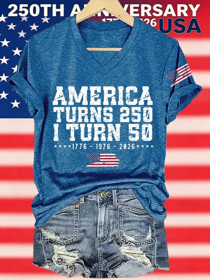 V-Neck Retro 250th Anniversary 1776-2026 America Turns 250 I Turn 50 1776 • 1976 • 2026 Print T-Shirt