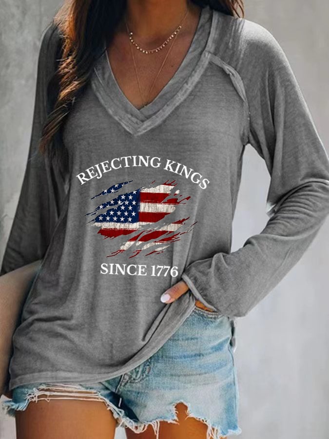 🔥Buy 3 Get 15% Off🔥Women's “Rejecting Kings Since 1776” Printed V-Neck Casual T-Shirt