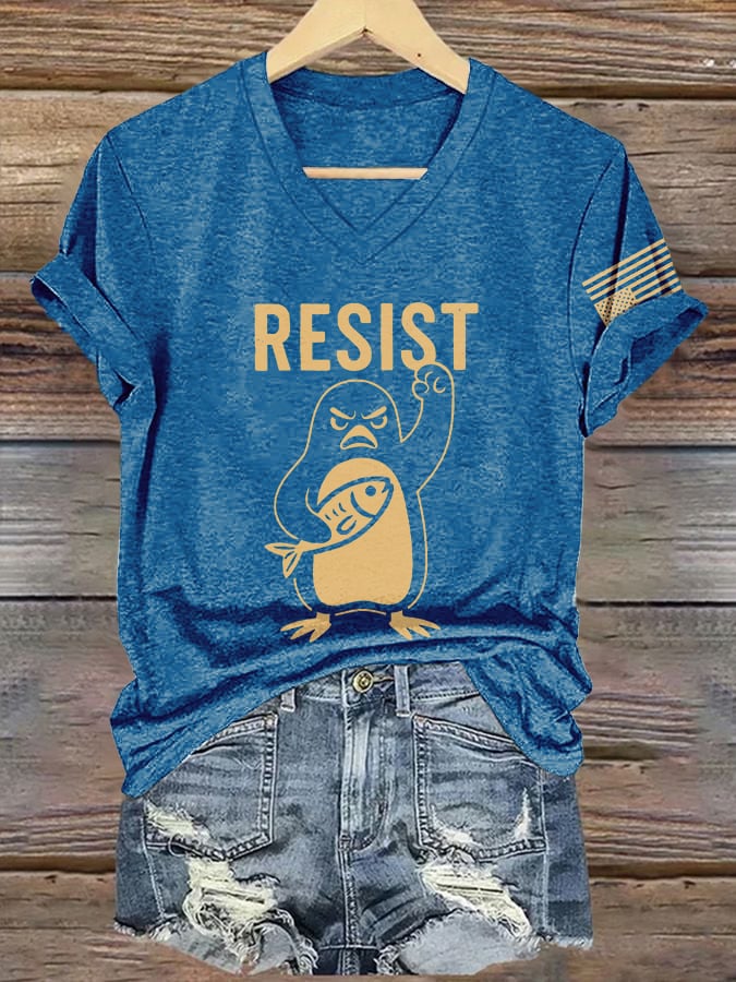 🔥Buy 3 Get 15% Off🔥V-Neck Retro Penguins Resist Tariffs Print T-Shirt