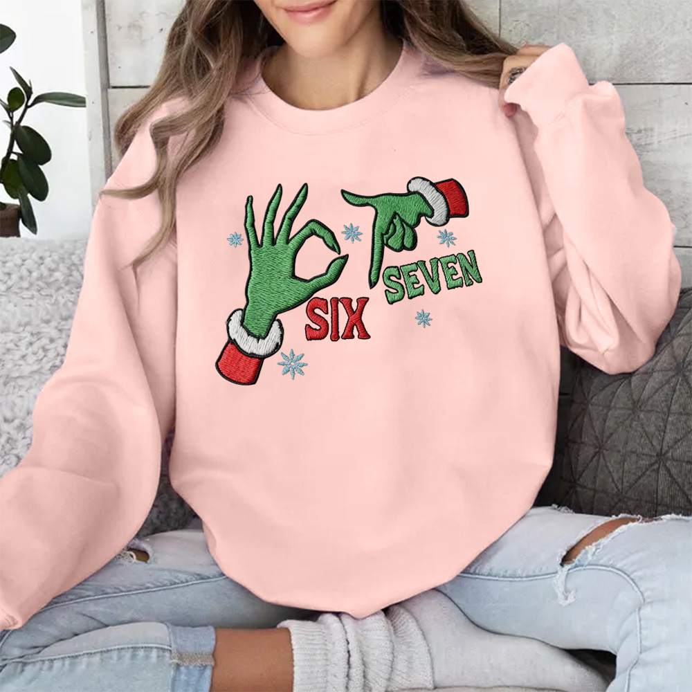 Christmas themed shirt,Christmas Embroidered Shirt, Six seven hand Xmas Christmas shirt.