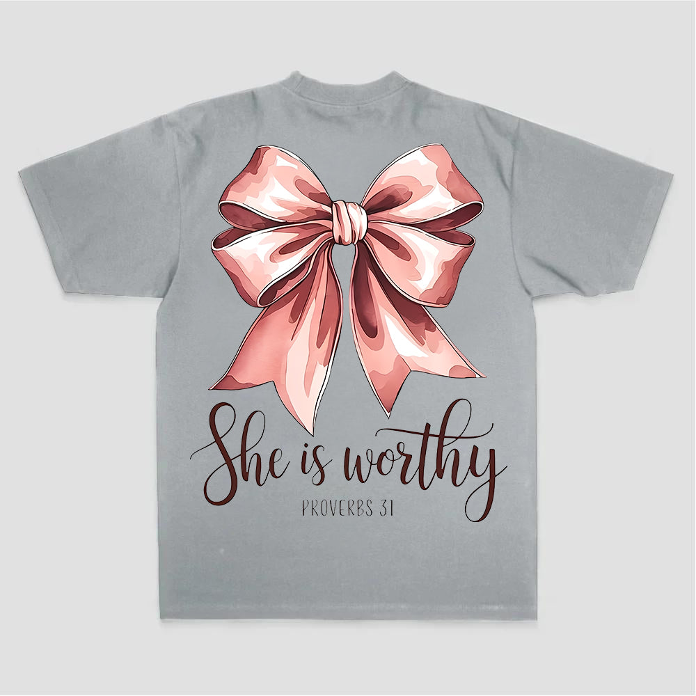 She Is Worthy Proverbs 31 Pink Bow Print Printed Women's T-shirt
