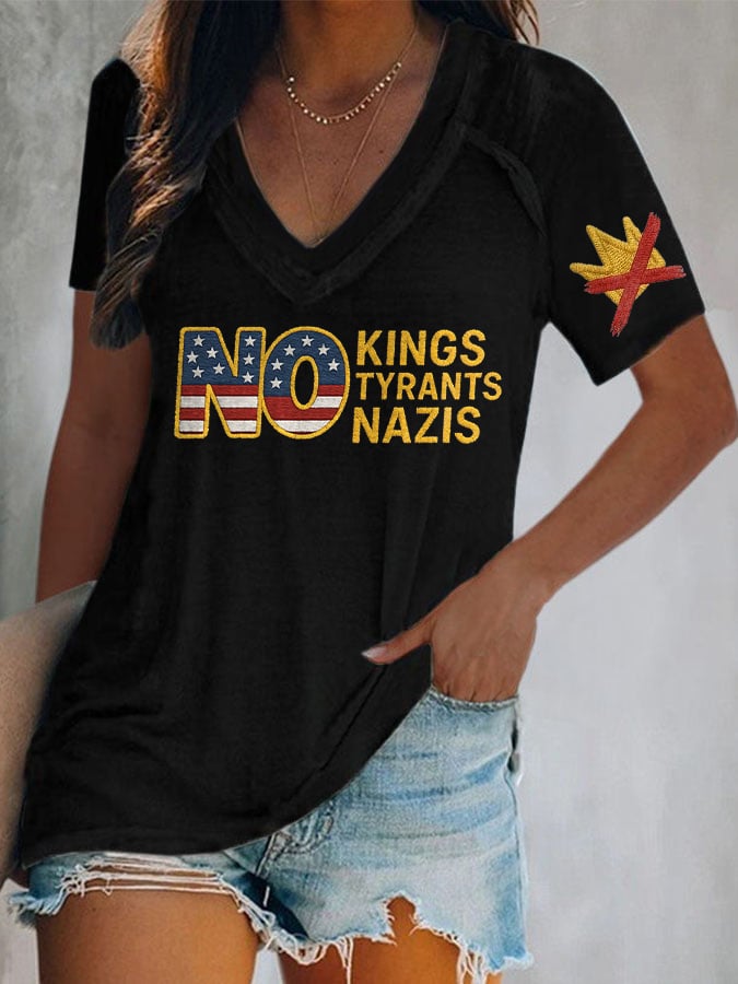 🔥Buy 3 Get 15% Off🔥V-Neck Retro No Kings No Tyrants No Nazis Print T-Shirt