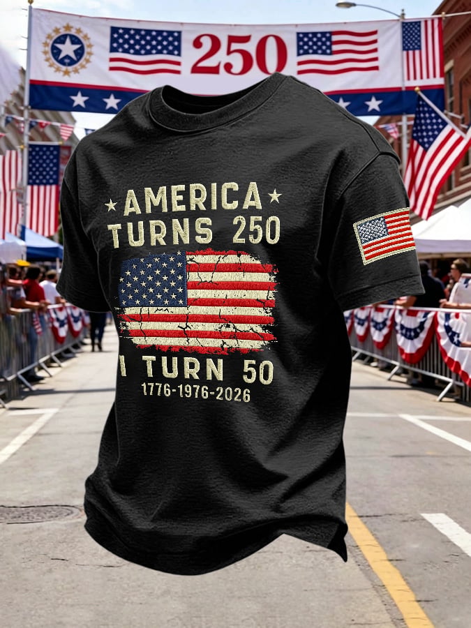 Men's Retro 250th Anniversary 1776-2026 America Turns 250 I Turn 50 1776 • 1976 • 2026 Print T-Shirt