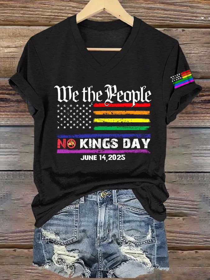 🔥Buy 3 Get 15% Off🔥V-Neck Retro We The People No Kings Day June 14, 2025 Print T-Shirt