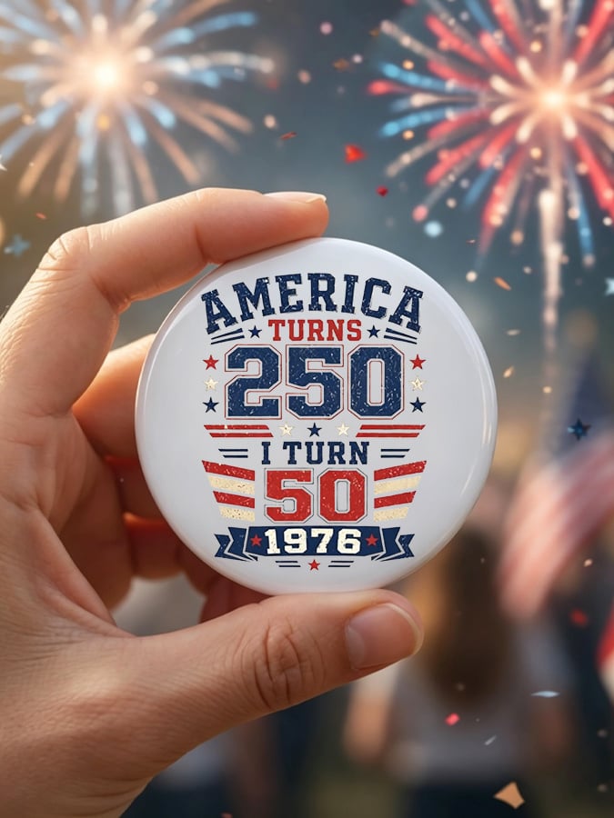 Unisex Retro Retro 250th Anniversary 1776-2026 America Turns 250 I Turn 50 1776 β’ 1976 β’ 2026 Pin-Back Button