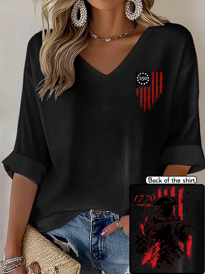 V-Neck 250th Anniversary Distressed American Flag 2-sided Print T-Shirt