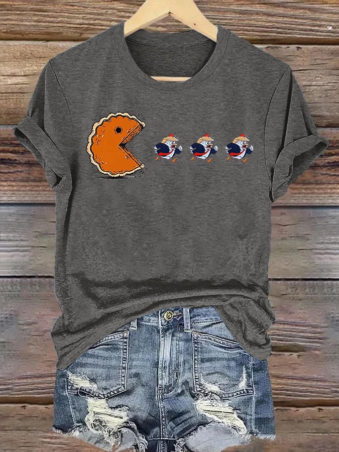 Women's Funny Turkey Chasing Pie Sublimation FDT Thanksgiving T-Shirt
