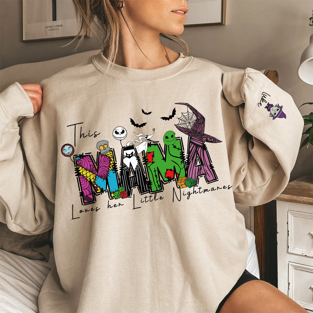 Halloween Horror Mama Custom Kids Name Sweatshirt. This mama loves her little nightmares sweatshirt.