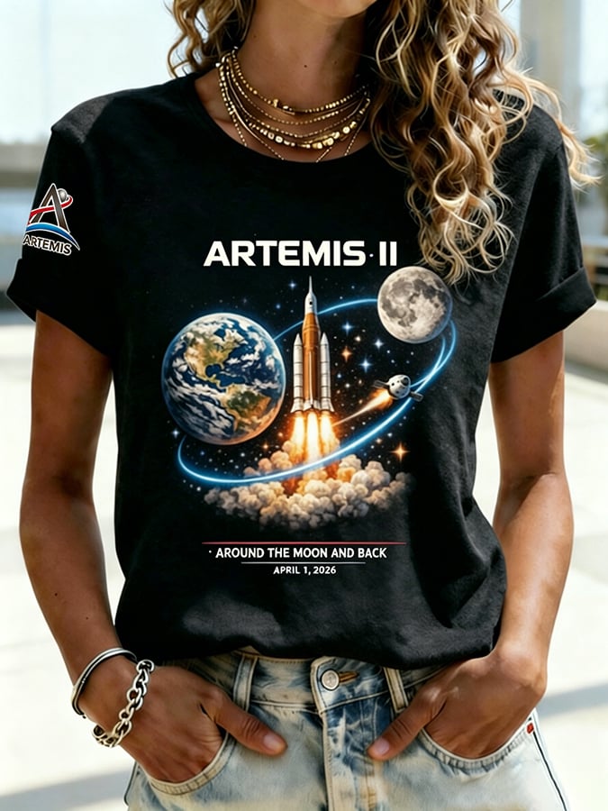Retro Artemis II 2026 Rocket Launch Print T-Shirt