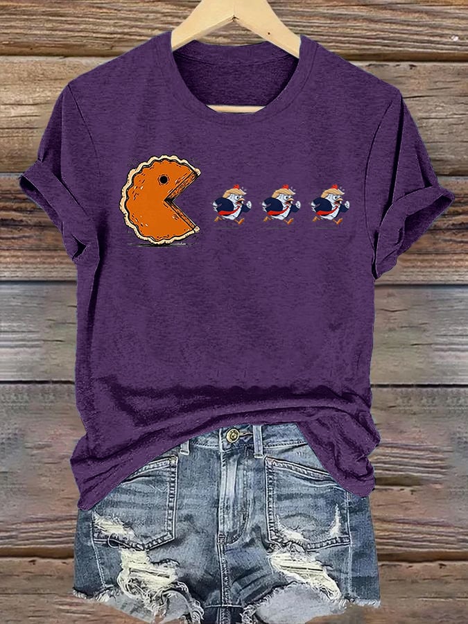Women's Funny Turkey Chasing Pie Sublimation FDT Thanksgiving T-Shirt