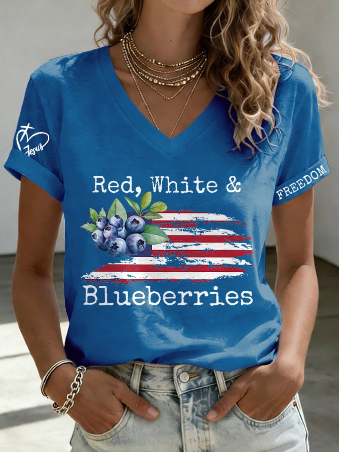 V-Neck Retro Independence Day Red, White & Blueberries Freedom Jesus Print T-Shirt