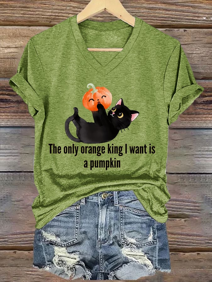 🔥Buy 3 Get 15% Off🔥Women's The Only Orange King I Want Is A Pumpkin Print V Neck T-shirt
