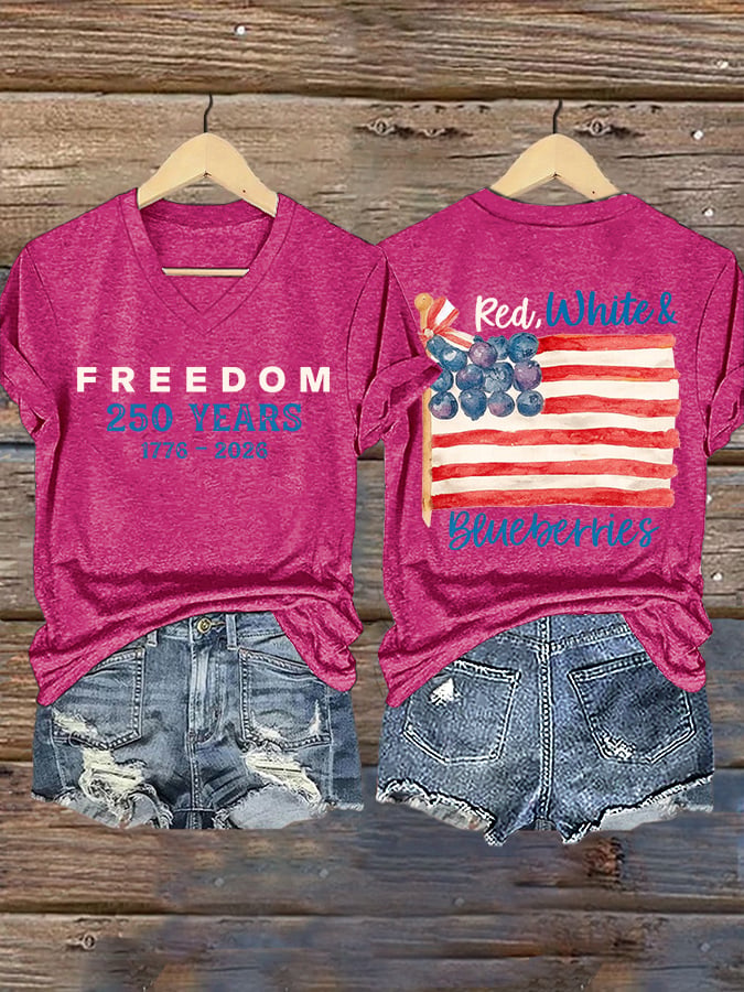 V-Neck Retro Independence Day Red, White & Blueberries Freedom Print T-Shirt