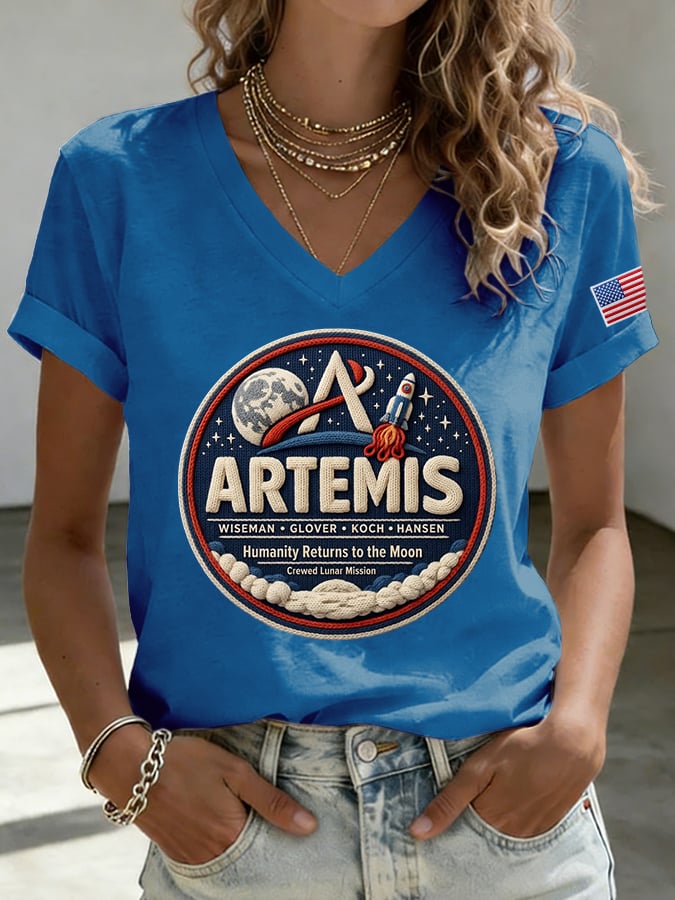 Women's Humanity Returns To The Moon Print V Neck T-shirt