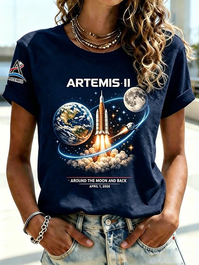 Retro Artemis II 2026 Rocket Launch Print T-Shirt