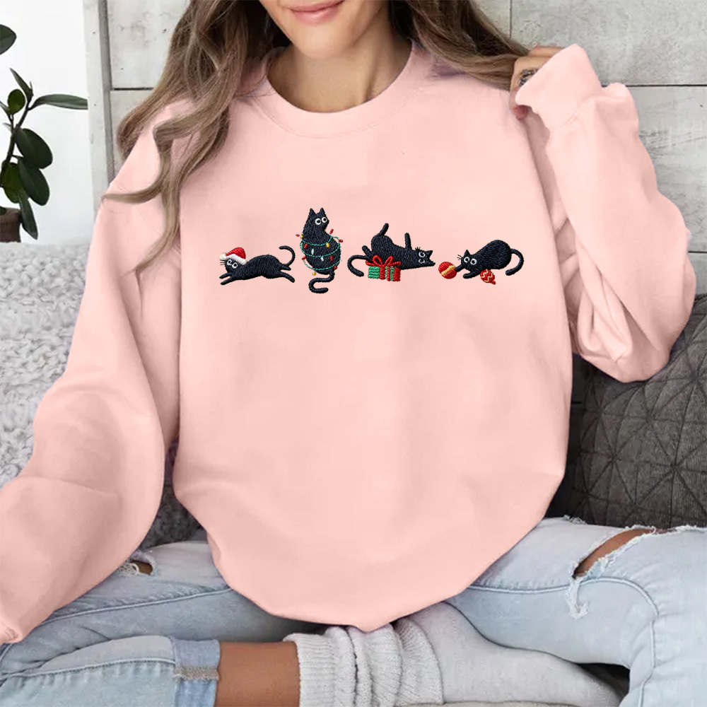 Embroidered Christmas Cat Sweatshirt: Funny Holiday Hoodie