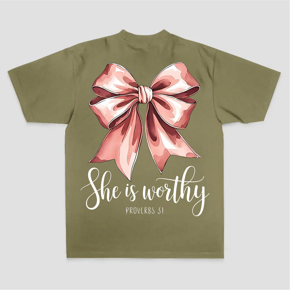 She Is Worthy Proverbs 31 Pink Bow Print Printed Women's T-shirt